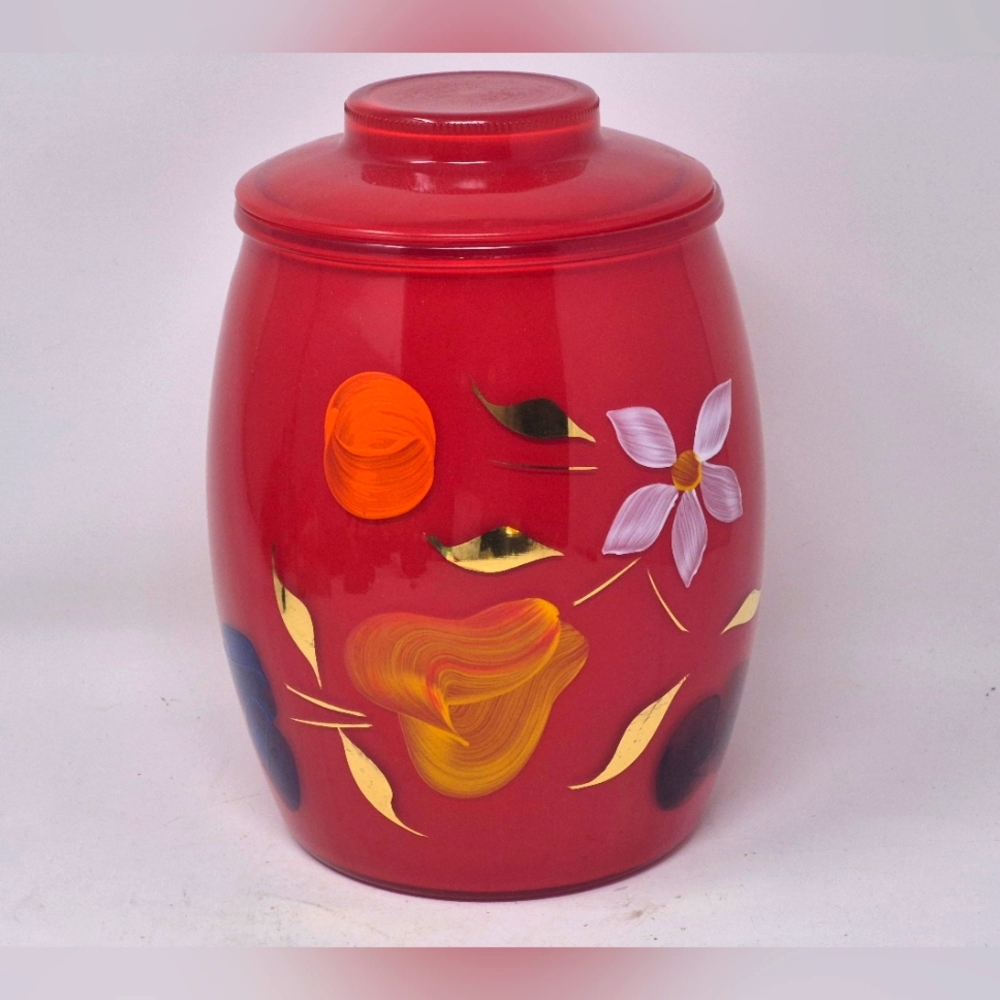 Vintage Bartlett Collins Red Gay Fad Hand Painted Glass Cookie Jar